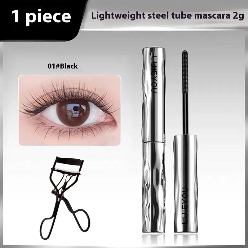 Waterproof steel tube mascara in black and brown shades with optional eyelash curler.
