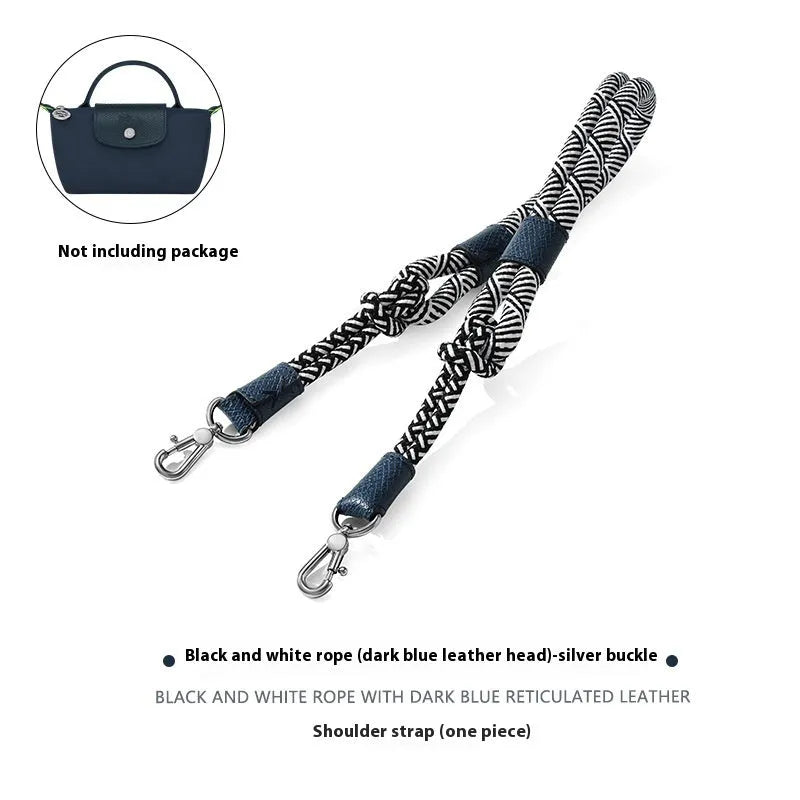 Braided rope and leather shoulder strap with a metal buckle in gold or silver finish