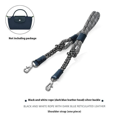 Braided rope and leather shoulder strap with a metal buckle in gold or silver finish