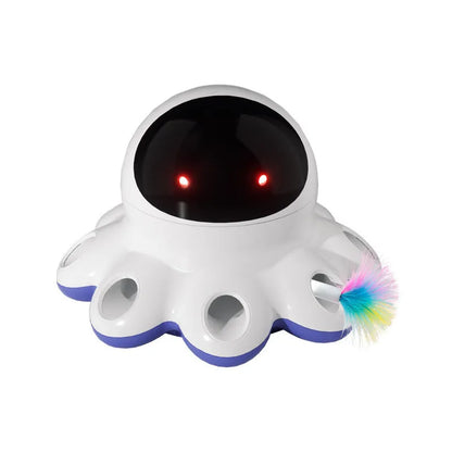 Automatic electric cat teaser toy with colourful feather attachment on a plastic base