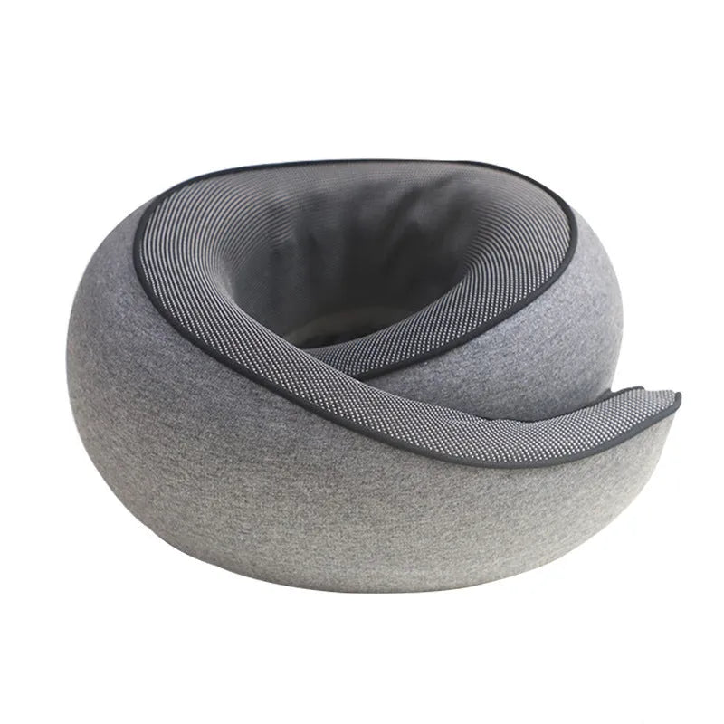 U-shaped memory foam neck pillow for travel and support, 27x26x13cm dimensions in modern simple style, supplied with a storage bag in choice of black, dark blue, dark grey, or light grey buggy bag colour.