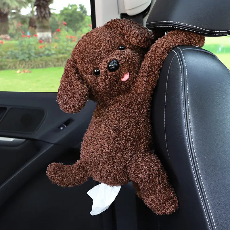Plush animal design tissue box holder mounted on back of car seat