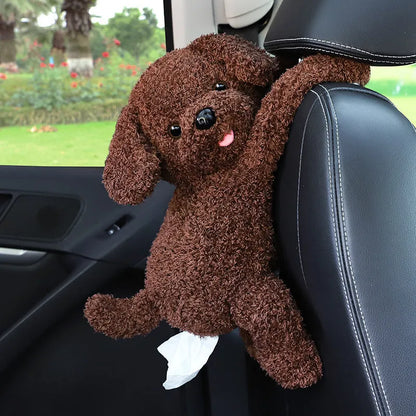 Plush animal design tissue box holder mounted on back of car seat