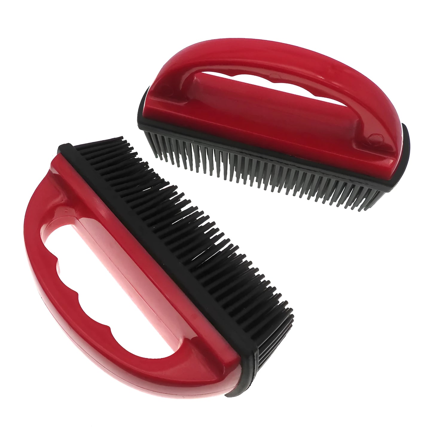 Red pet grooming brush with massage nodes for hair removal during dog or cat baths.