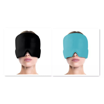 Ice Compress Headache Relief Hat in black and pink, offering 360-degree cold therapy for migraines and stress