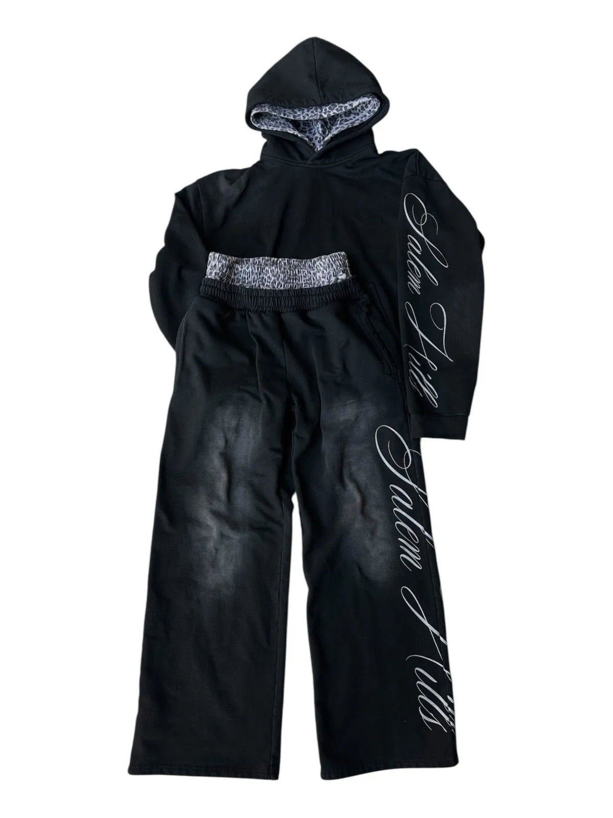 Men's loose fit punk print long sleeve hoodie suit with trousers, fleece-lined.
