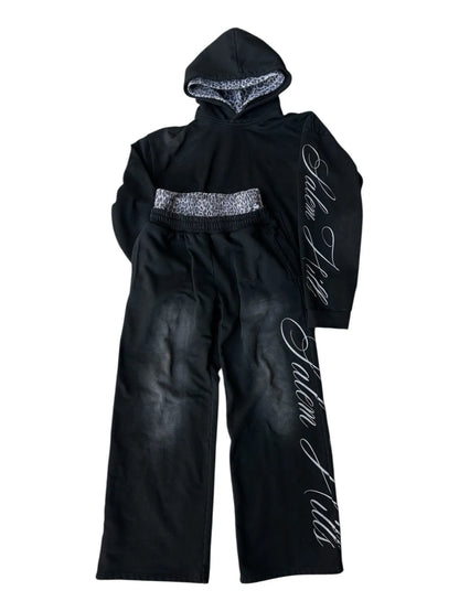 Men's loose fit punk print long sleeve hoodie suit with trousers, fleece-lined.
