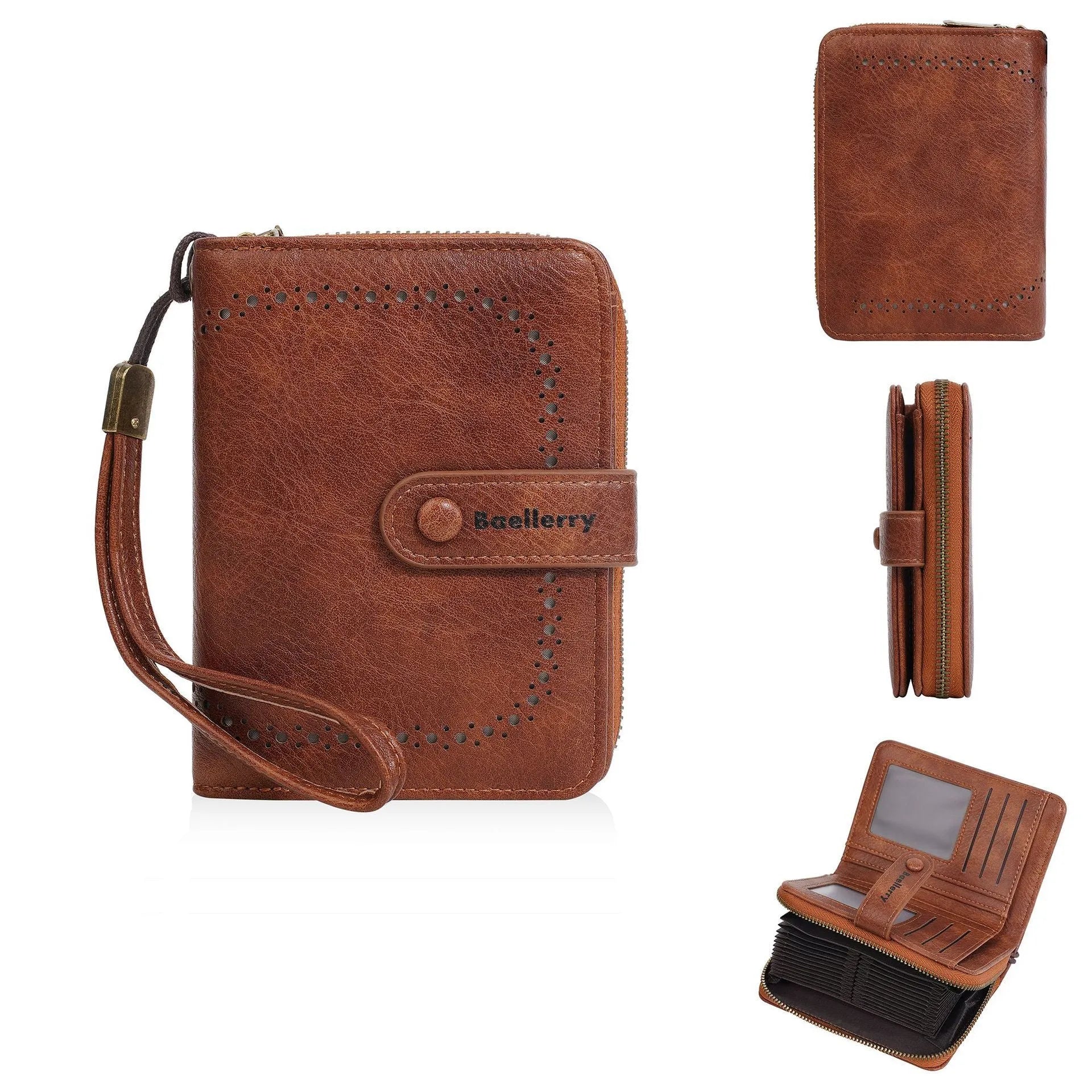 Women's black PU leather zip coin purse wallet with integrated card slots lying flat.