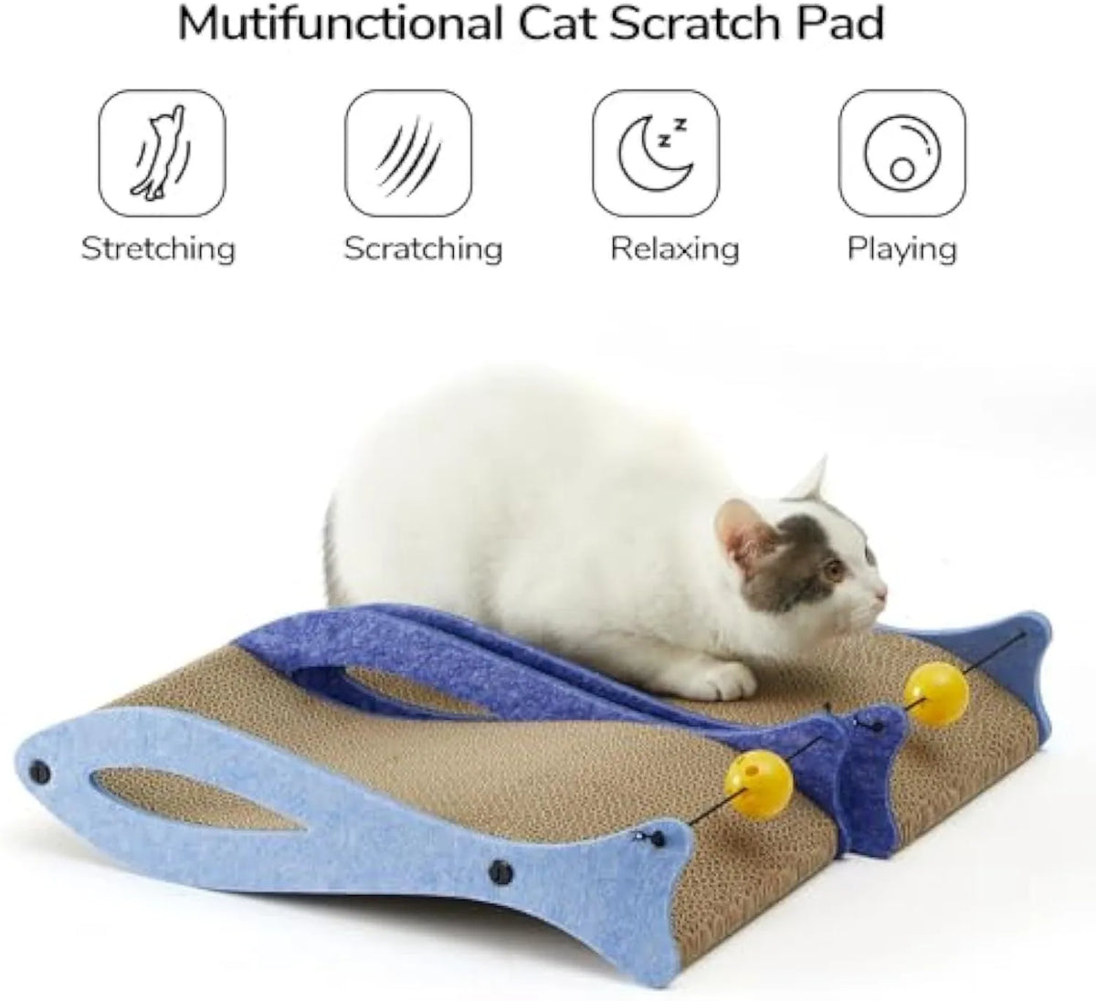 Blue fish-shaped cat scratcher with bell toys on elastic cord, dimensions 46cm by 25cm by 10cm