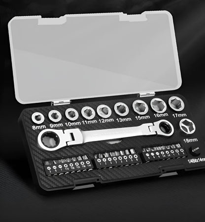 Dual-purpose ratchet wrench and screwdriver tool set with sockets and bit heads laid out