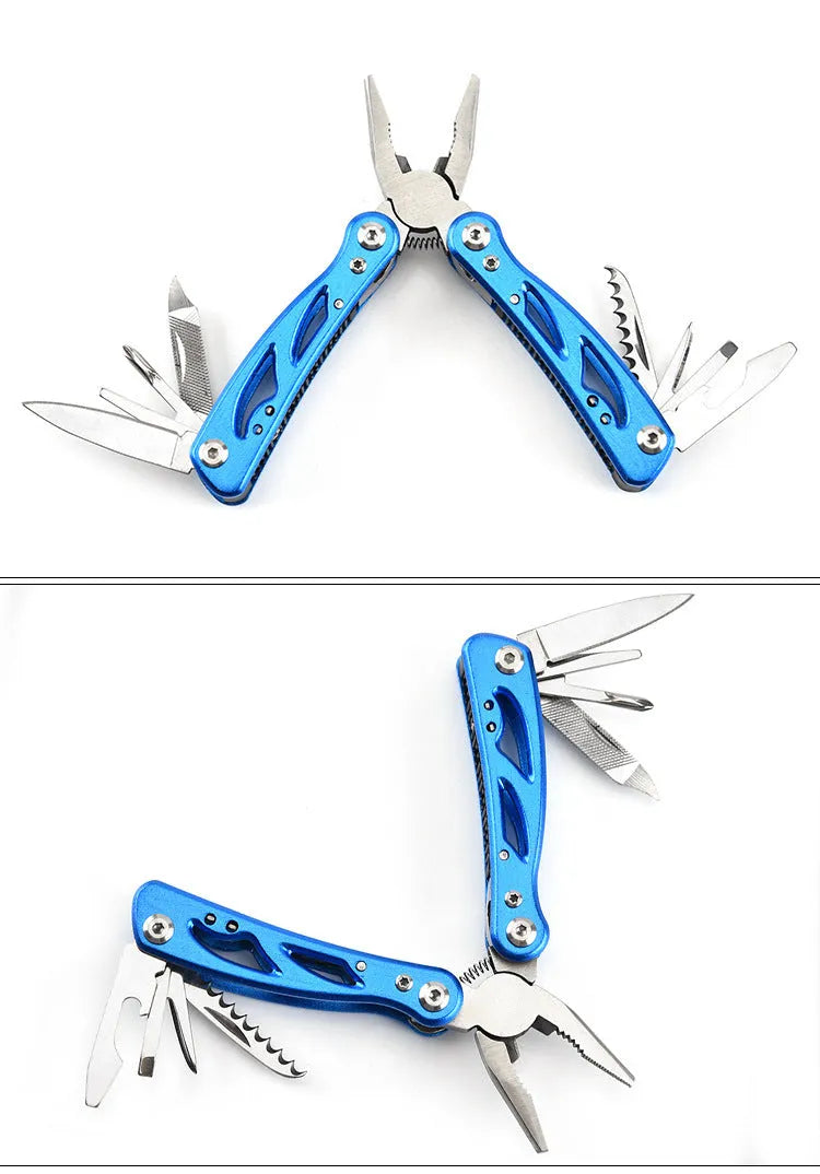 Blue foldable multi-function outdoor pliers with fruit knife tool next to Oxford carrying bag