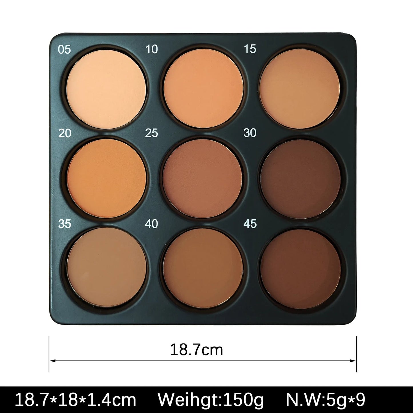 Dark matte makeup palette showing nine waterproof colours with repair disk