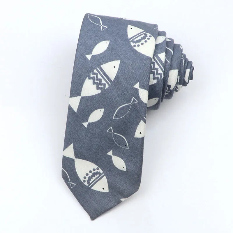 Korean style narrow men's cotton bow tie with a printed cartoon pattern on an adjustable fabric strap.