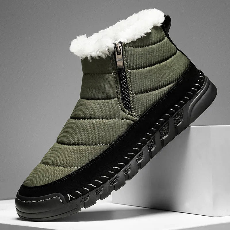 Men's plus size snow boot in black with round toe, flat heel, and rubber sole.