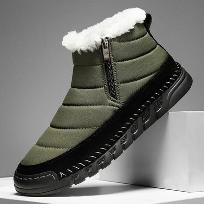 Men's plus size snow boot in black with round toe, flat heel, and rubber sole.