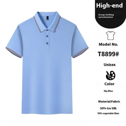Solid colour Ice Silk polo shirt for work and casual wear in various colours on a hanger.