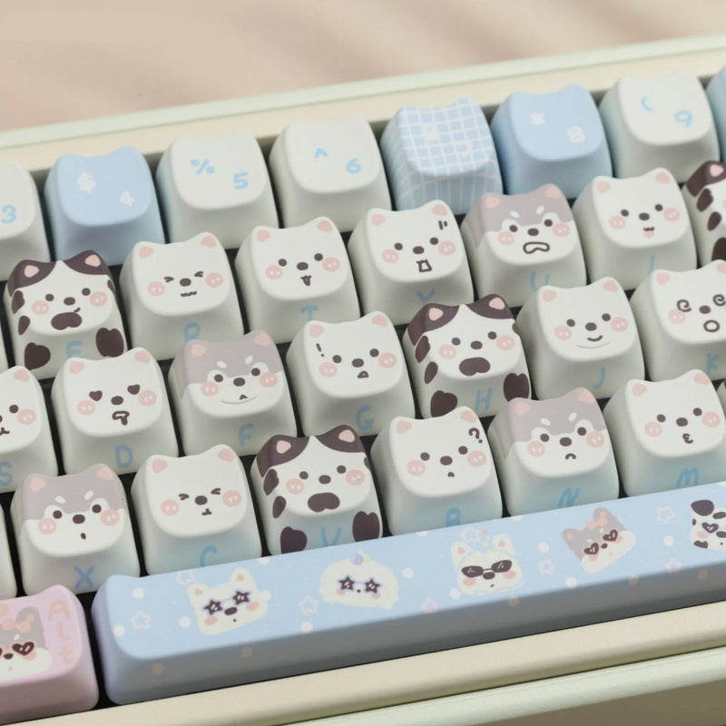Puppy character full set PBT sublimation keycaps for mechanical keyboards, 1.5 metre cable length universal profile replacement keycap set with custom illustrated dog theme design and high-wear PBT plastic construction