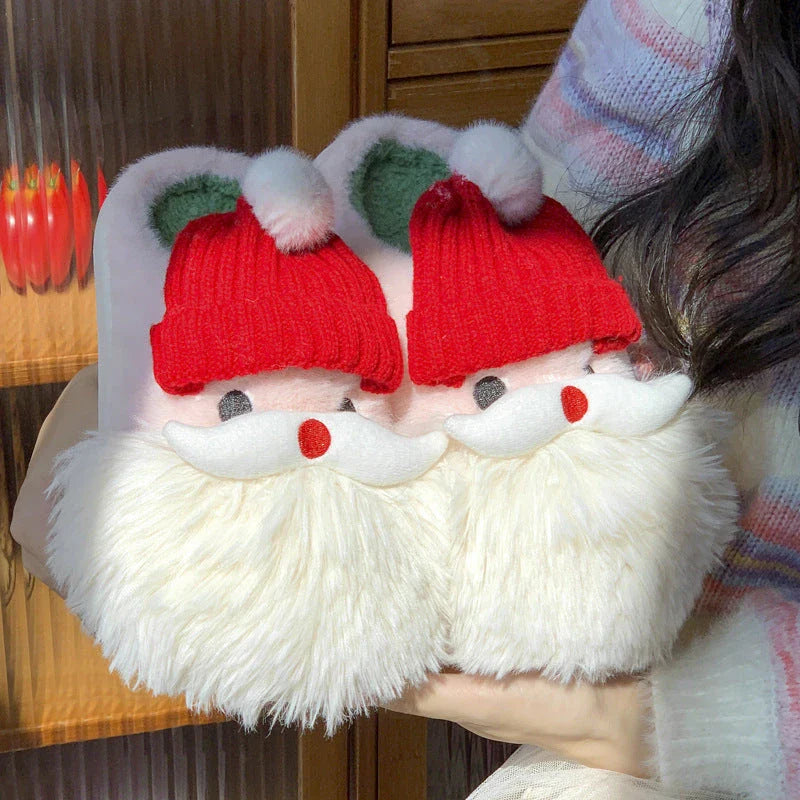 Cozy Christmas Santa Claus-themed slippers in plush material with non-slip soles, available in a range of sizes
