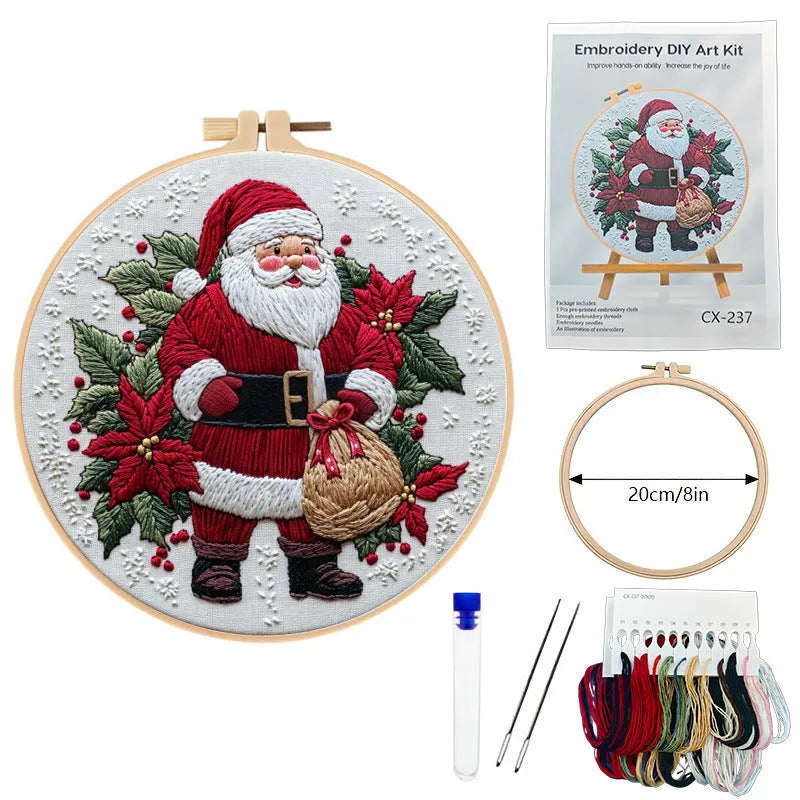 Santa Claus embroidery fabric kit showing 28x28cm cotton linen cloth with landscape pattern