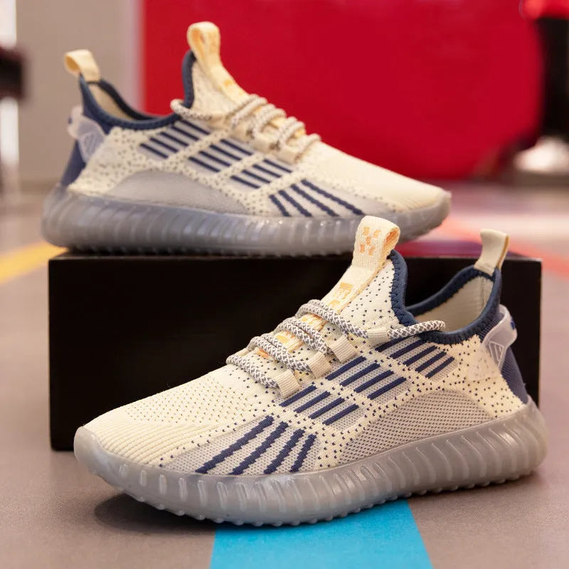 Men's white low-top sports shoes with breathable mesh lining and platform heel on a plain background.