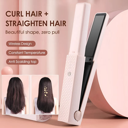 Pink and green cordless mini USB hair straightener and curler with ceramic plates.