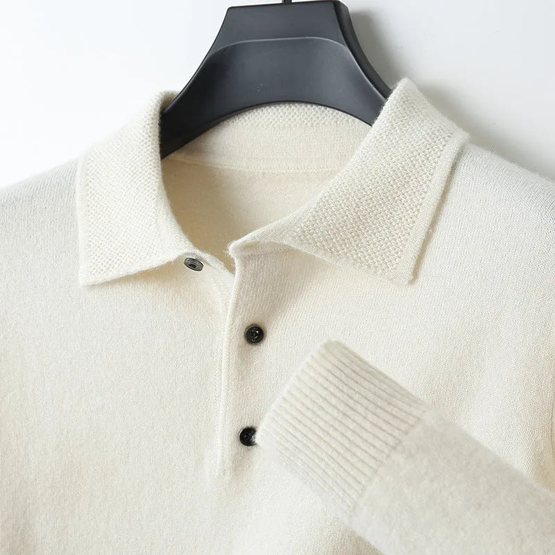Men's woolen polo collar pullover sweater in seven colour options with long sleeves and textured stitching details