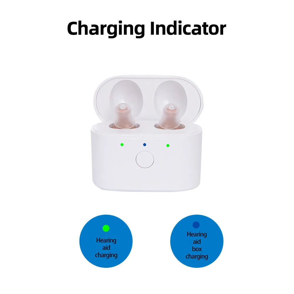 Rechargeable hearing aids with magnetic charging case in beige and red/blue colour options