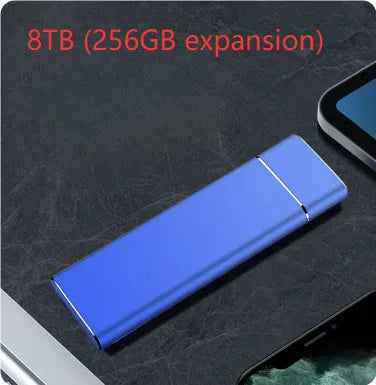 Portable solid state external hard disk with metal shell in sapphire blue colour showing compact dimensions