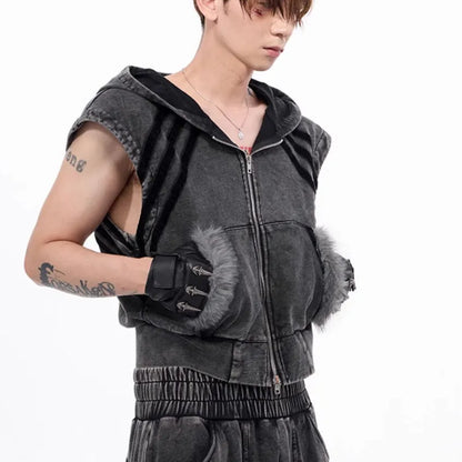 Korean style sleeveless tank top with hooded collar and zippered front paired with matching trousers