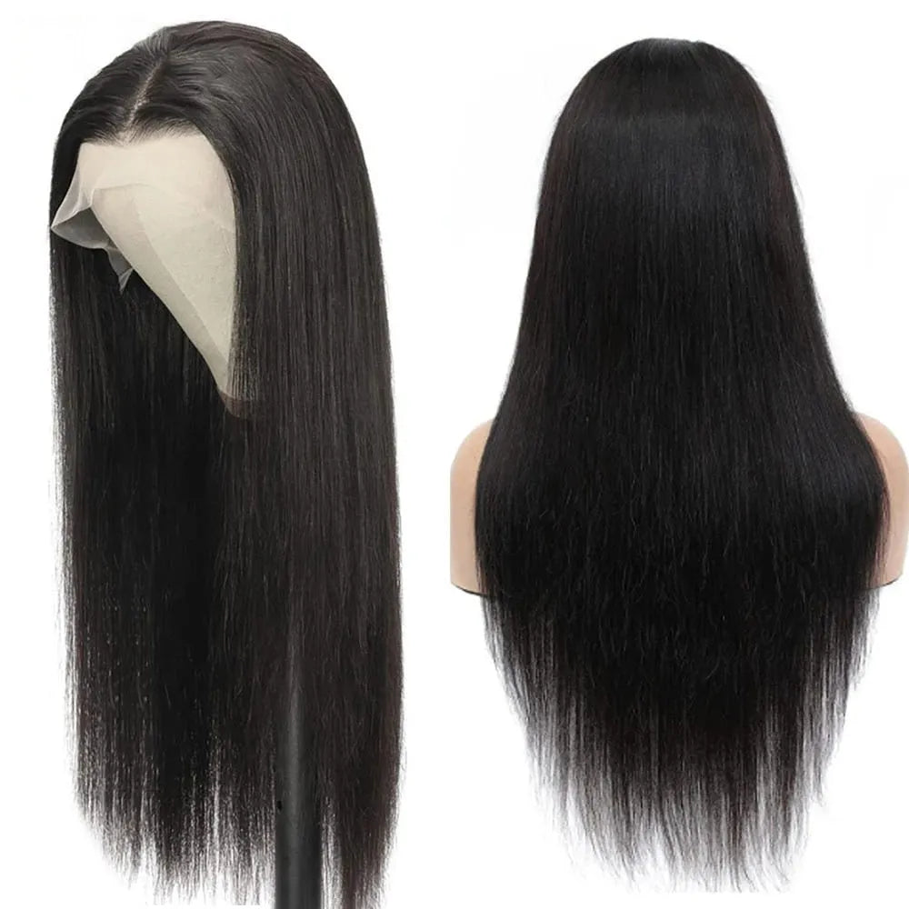 13x4 straight human hair wig with hand-woven lace front, available in 8-32 inch lengths and 150-250% density