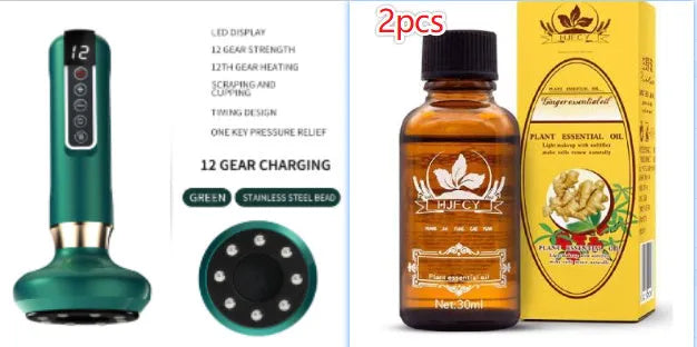 Green electric vacuum cupping massager with adjustable suction and infrared heating functions