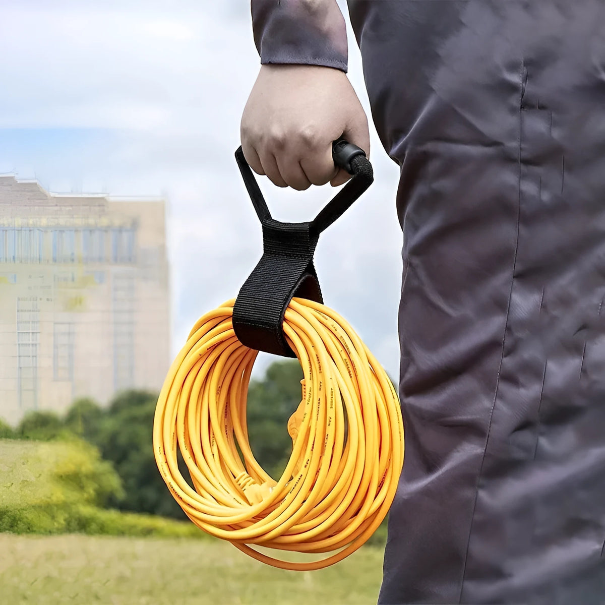Portable heavy-duty nylon storage strap with Velcro handle for outdoor products, available in S, M, and L.