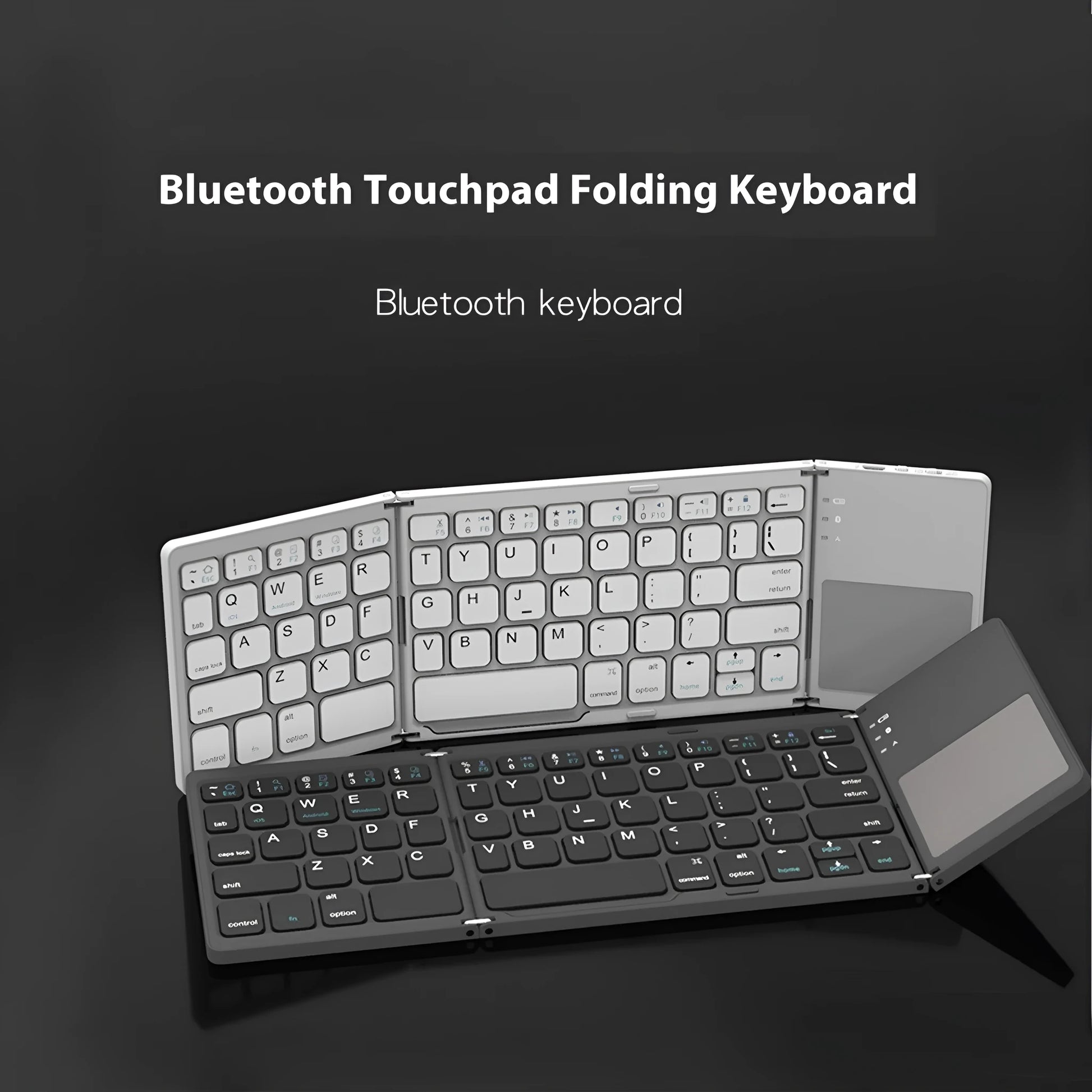 Tri-fold Bluetooth keyboard shown unfolded with thin touch keys in black or silver colour options