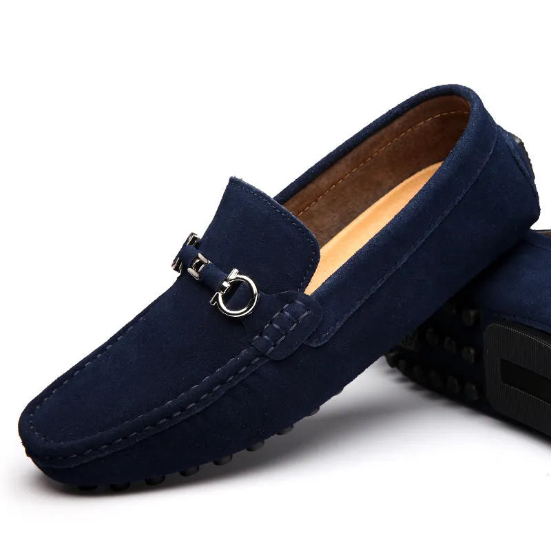 Men's black cowhide slip-on leather shoes with a square toe and flat stiletto heel.