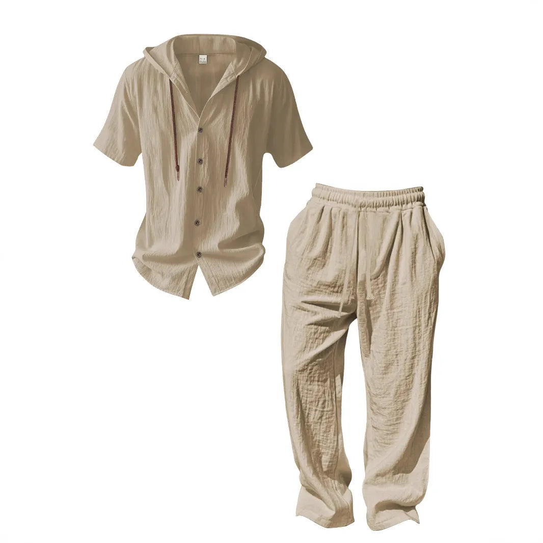 Men's white cotton sports leisure suit with long sleeves and matching trousers shown as complete two-piece set