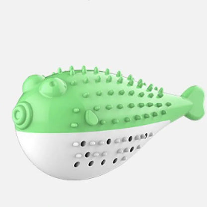 Mint Toys blue silicone fish-shaped cat chew toy on a wooden floor.