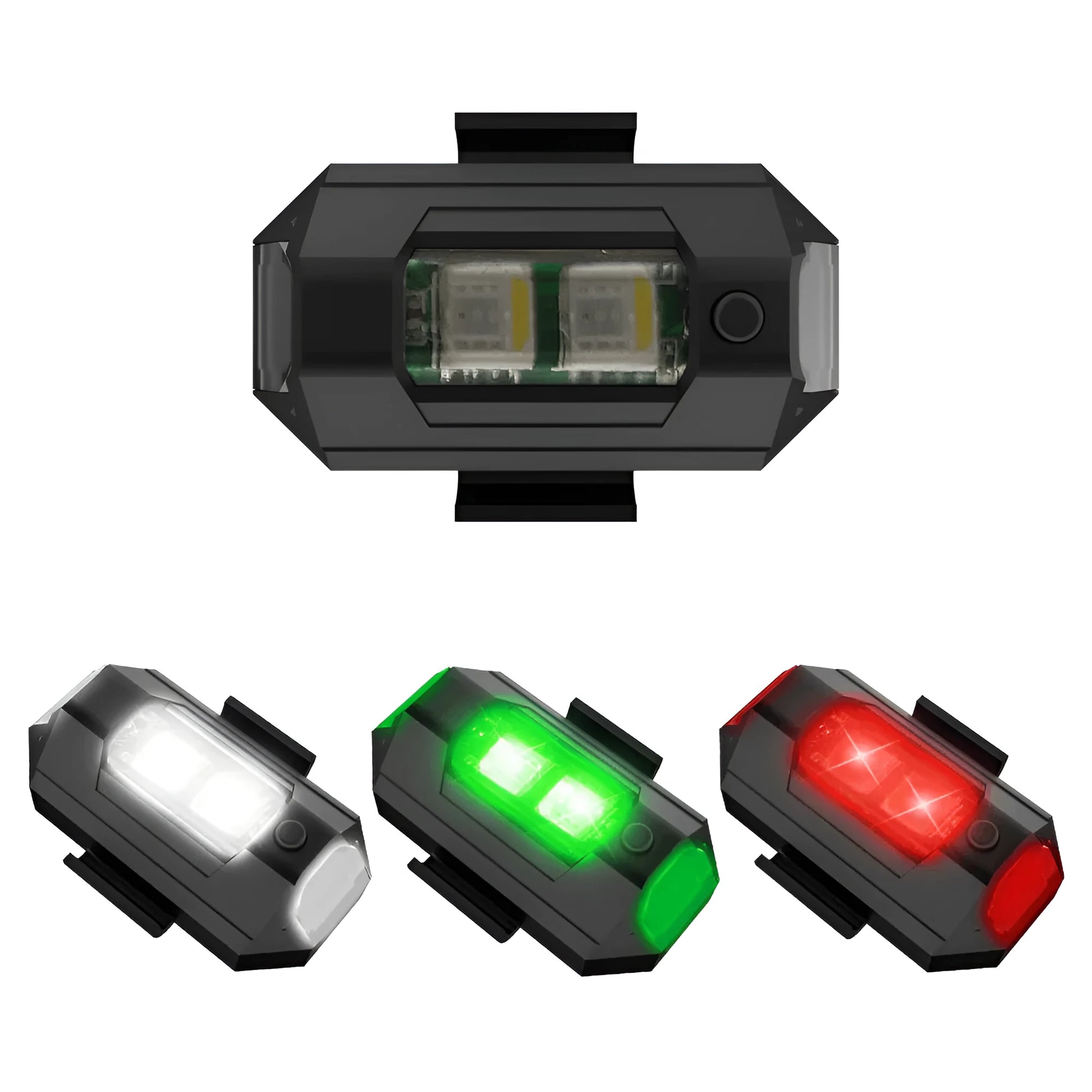 Universal drone strobe light with 7 colour LED, USB Type-C cable, and mounting tape on a white background.