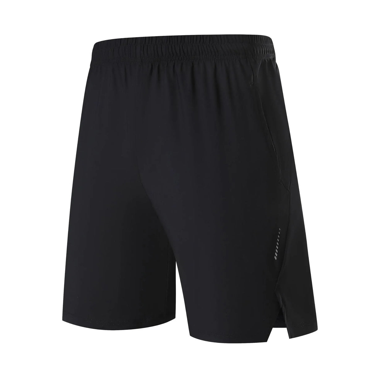 Men's black nylon sports shorts with mid-waist, shown flat.