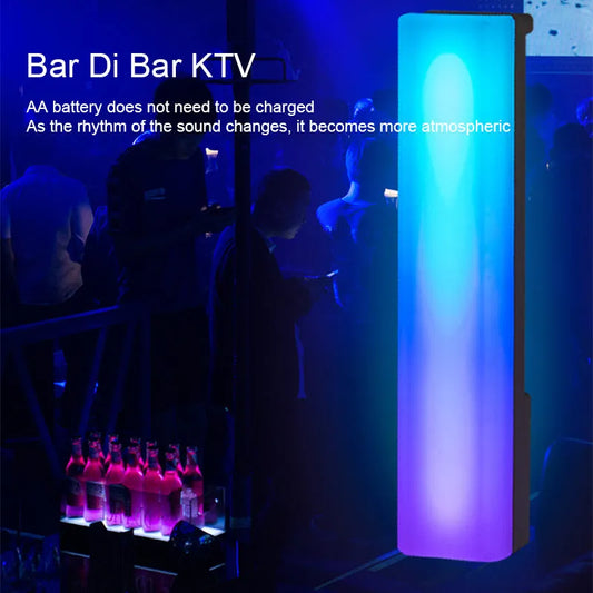 3D RGB table top lamp with colour-changing lights responding to music, measuring 5.2x4.5x24.5cm with USB cable