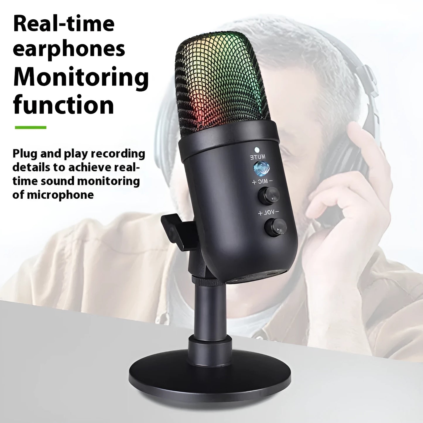 Black USB microphone with RGB lighting for computers and mobile phones.