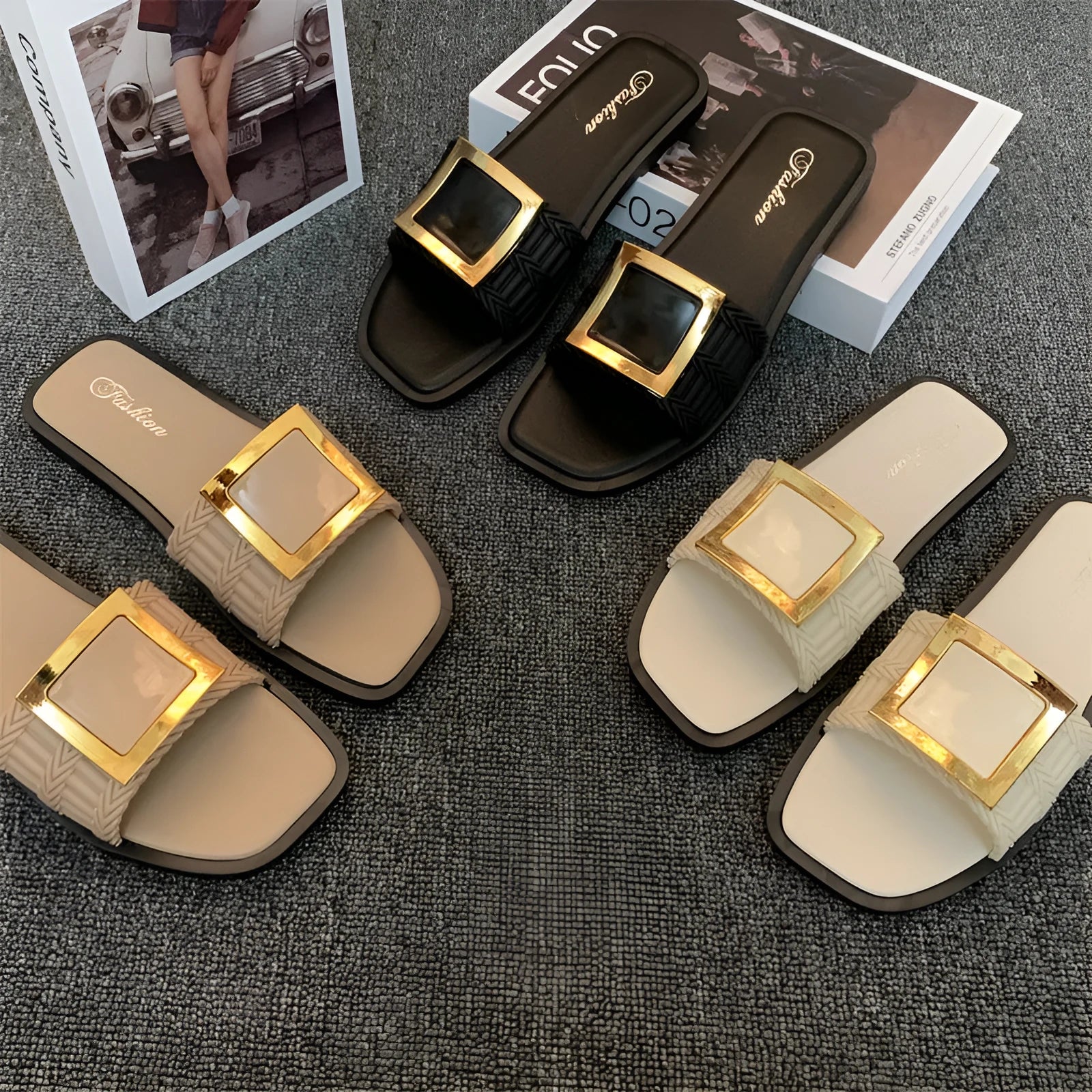 Women's summer flat slippers with PVC sole in apricot, black or khaki colours