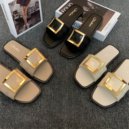 Women's summer flat slippers with PVC sole in apricot, black or khaki colours