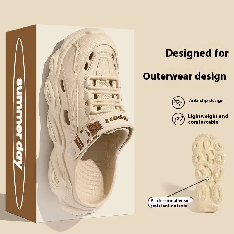 Men's summer outdoor slippers with hollow-out design for breathability, available in khaki and black colour options with sizes from 35-36 to 44-45 and EVA sole material for slip resistance