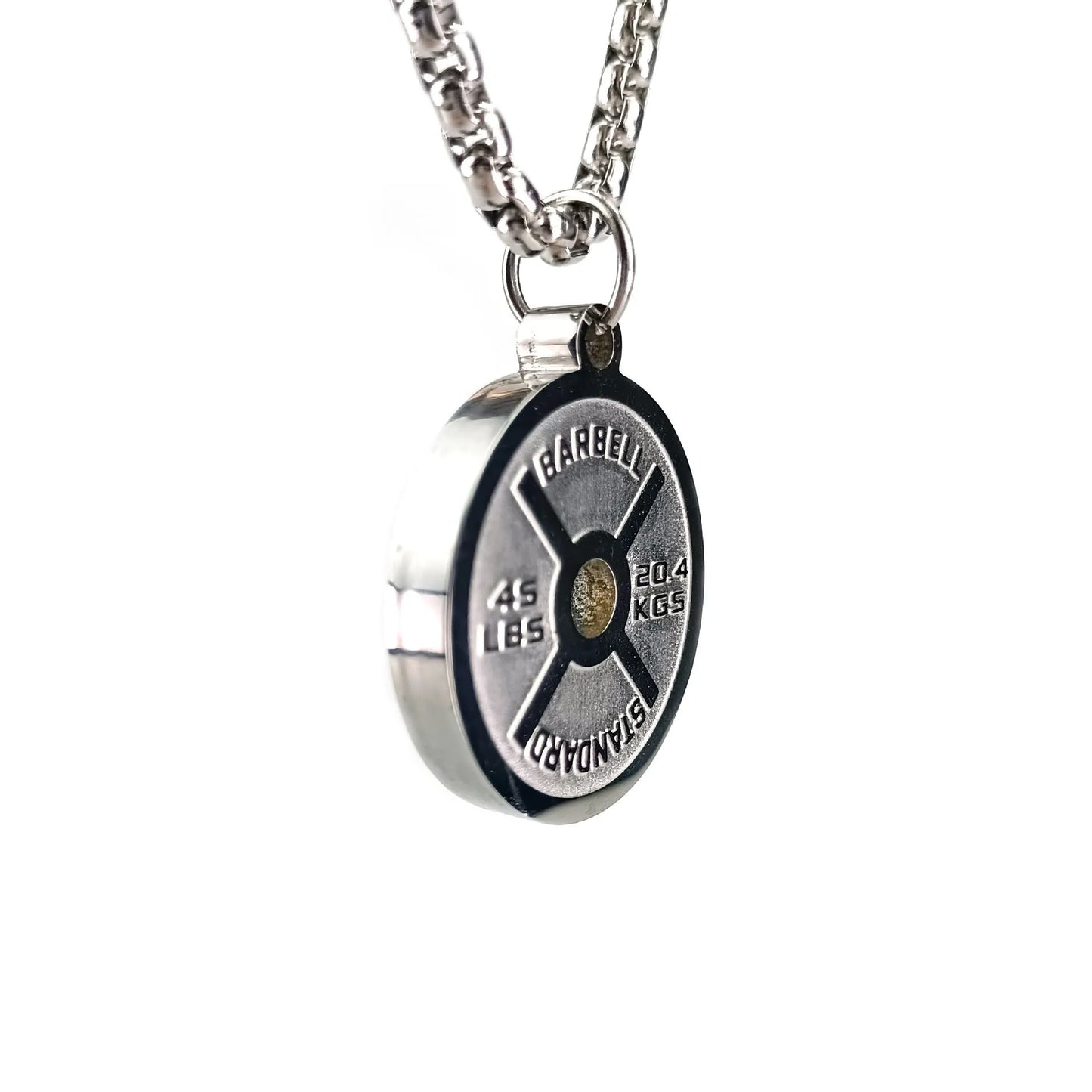 Stainless steel barbell disk necklace with polished pendant on 60cm chain