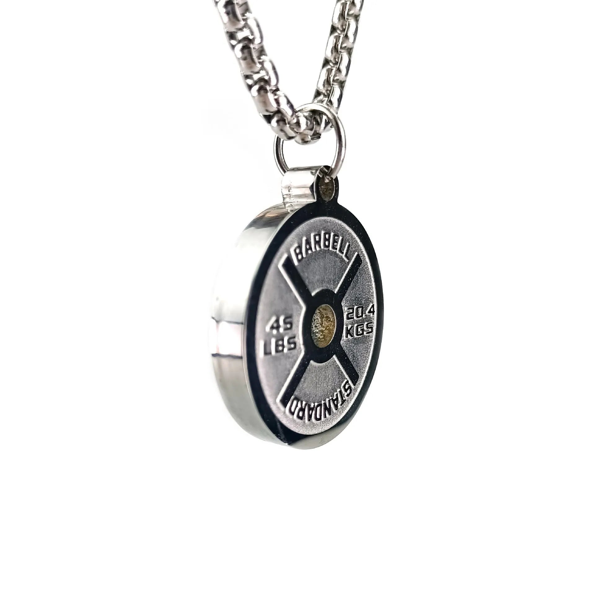 Stainless steel barbell disk necklace with polished pendant on 60cm chain