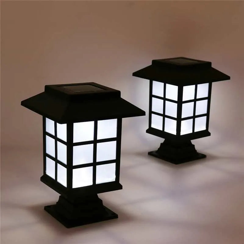 Solar powered outdoor LED lawn light with large room illumination, black ABS PVC construction, IP65 waterproof rating, 8-10 hour runtime on 2V 100mA solar panel and 600mAh Ni-MH battery for garden path landscape lighting