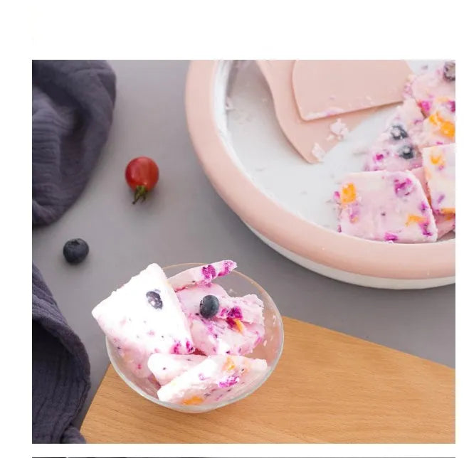 Blue manual fried yogurt ice cream maker with ice tray and serving shovels