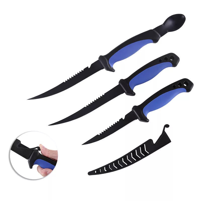 Navy blue stainless steel fishing knife with protective cover for safe storage