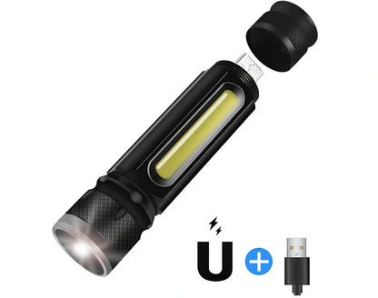 Black Soringrad multifunctional aluminium flashlight with COB and T6 lamp beads, magnet base, 200m range for hiking and camping