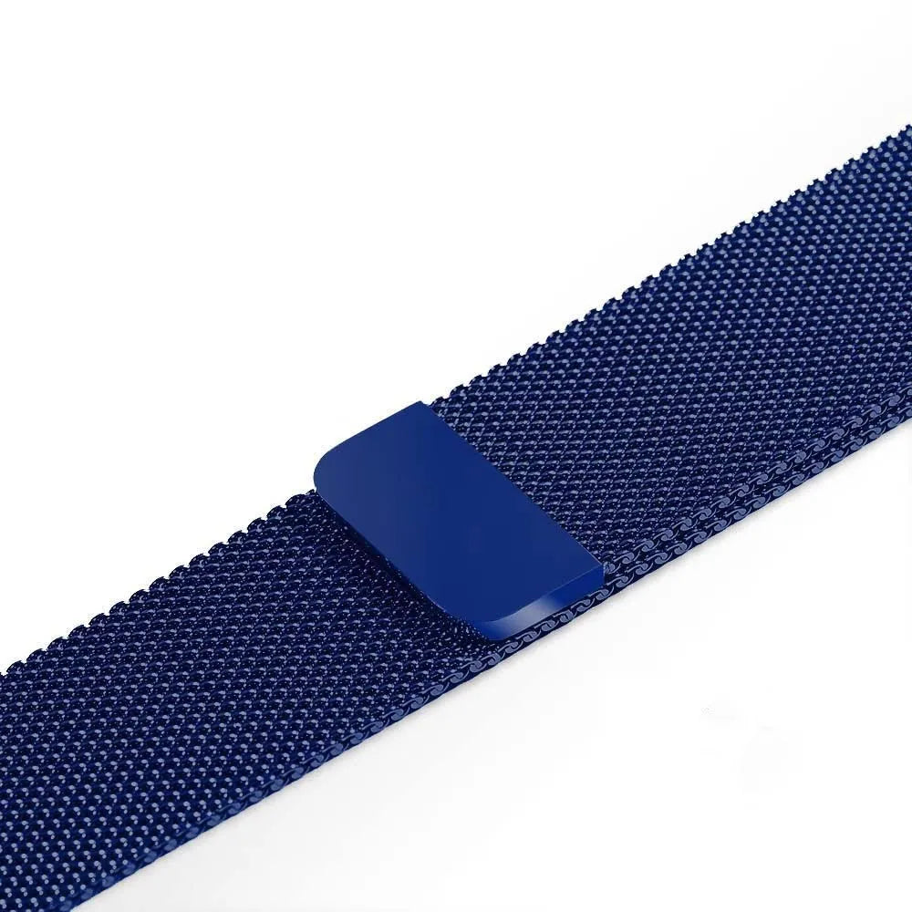Stainless steel Apple Watch strap in silver on a wrist, showing the metal links and secure clasp.